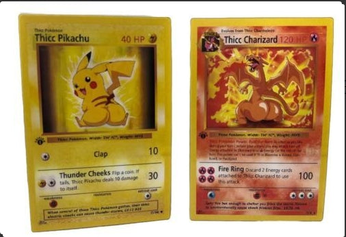 shows a lenticular sticker of a thicc pikachu and thicc charizard