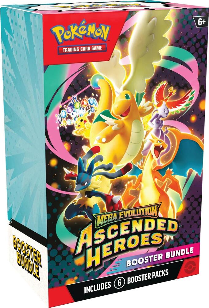 ascended heros booster bundle with a mega dragonite and black colorful background
