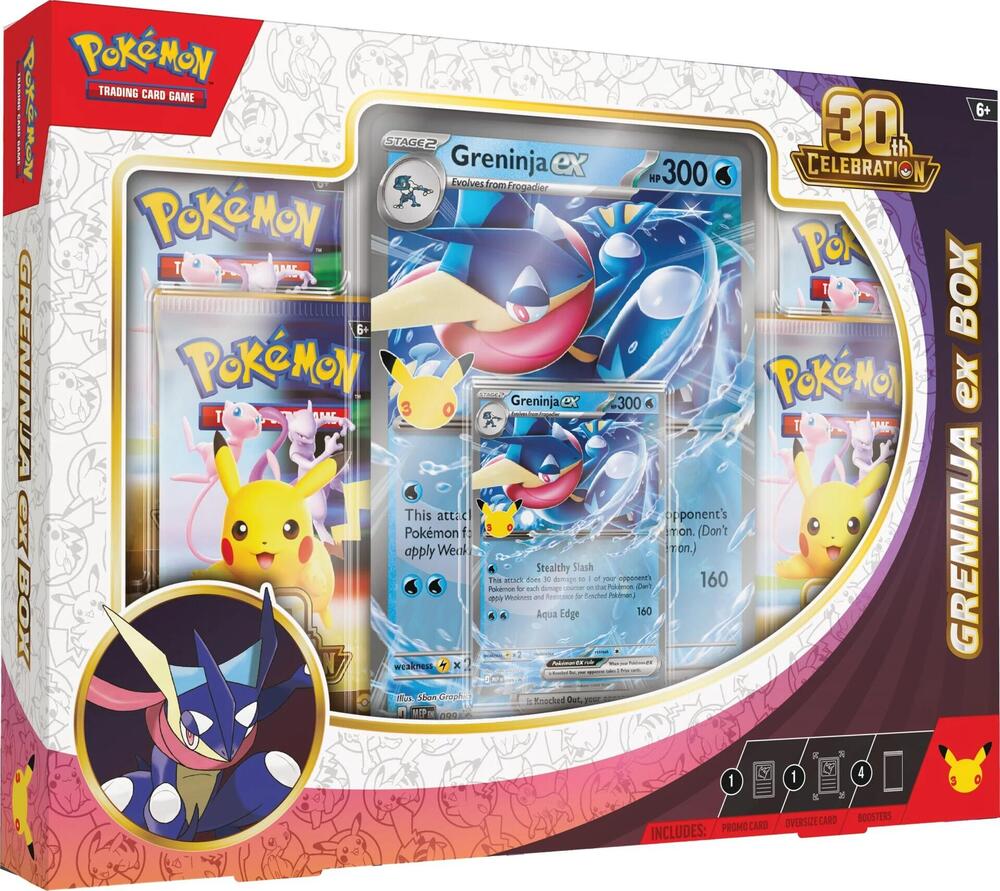 Pokémon Trading Card Game Greninja ex Box 30th Celebration limited edition product box containing a Pokémon TCG card game set, featuring various Greninja ex cards and booster packs inside a decorated retail box.