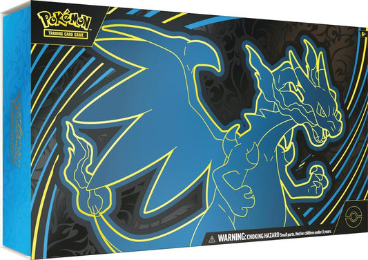 shows a large collection box with mega charizard in blue and the base of the box is black 