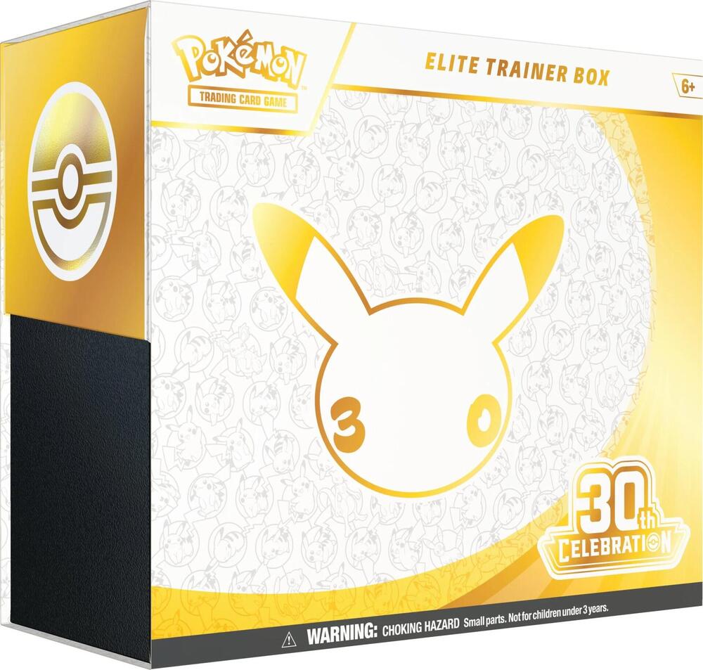 Pokémon Elite Trainer Box 30th Celebration edition trading card game box, featuring a white and gold design with a large Pikachu silhouette, Pokémon branding, and a black side panel.