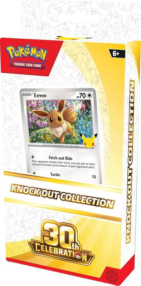 Pokémon Trading Card Game Knockout Collection 30th Celebration box set, featuring a yellow and white box with a card of Eevee on the front.