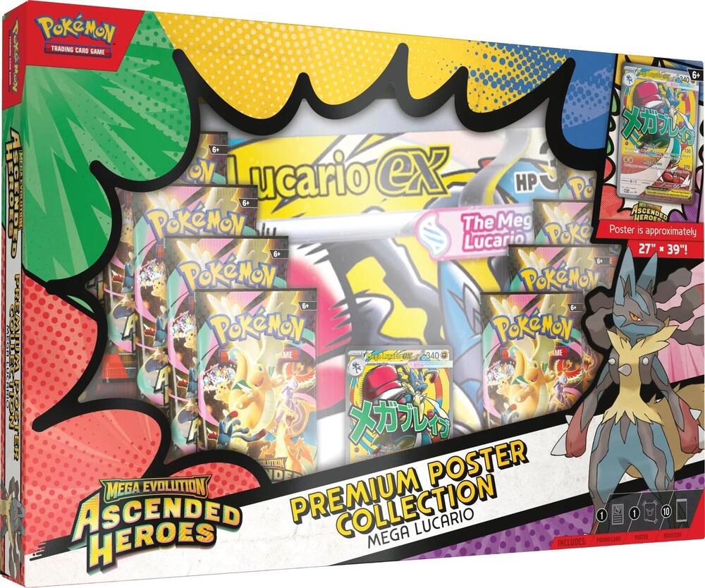 Pokémon trading card game box featuring Mega Lucario EX with colorful design elements.