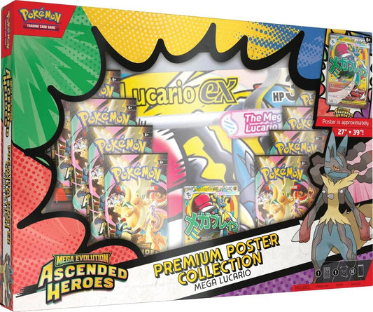 Pokémon trading card game box featuring Mega Lucario EX with colorful design elements.
