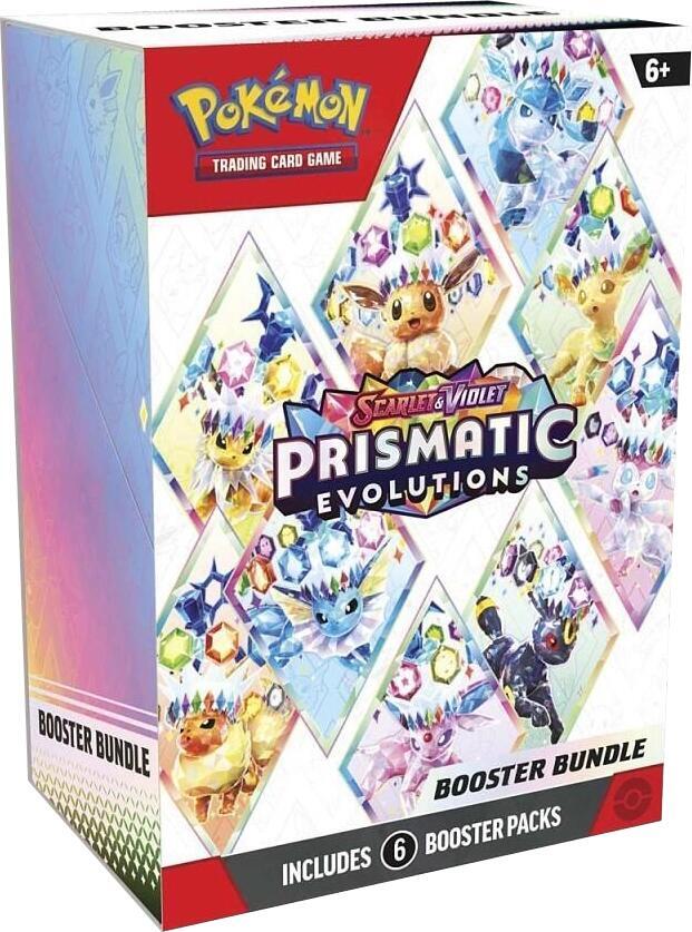 Prismatic Evolutions Booster Bundle featuring Eevee with a crown with eeveelutions around. White multi color box with 6 packs