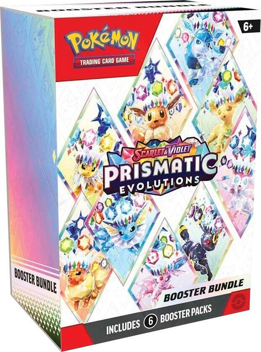 Prismatic Evolutions Booster Bundle featuring Eevee with a crown with eeveelutions around. White multi color box with 6 packs