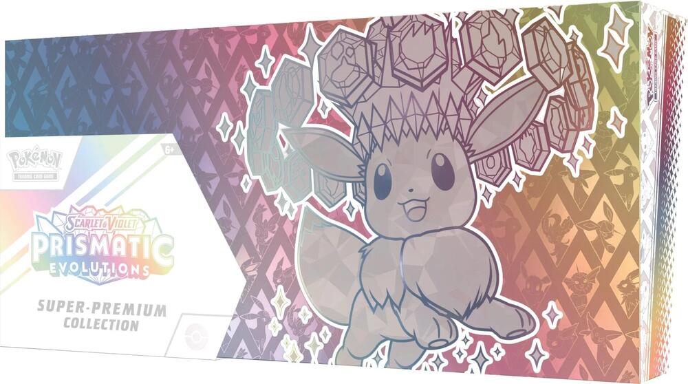 Pokémon Prismatic Evolutions packaging with a eevee character on a white and colorful background