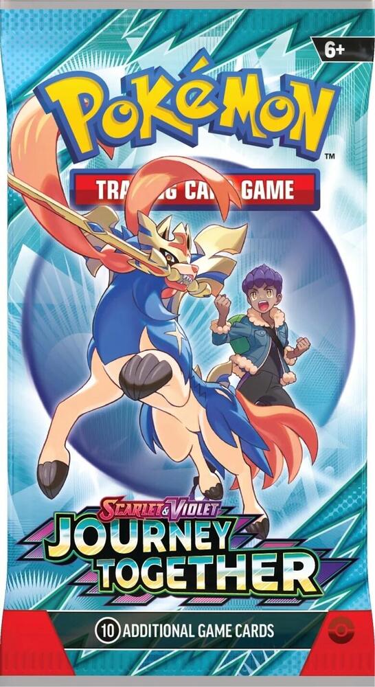 Pokémon trading card game journey together booster pack with characters on a blue and red background