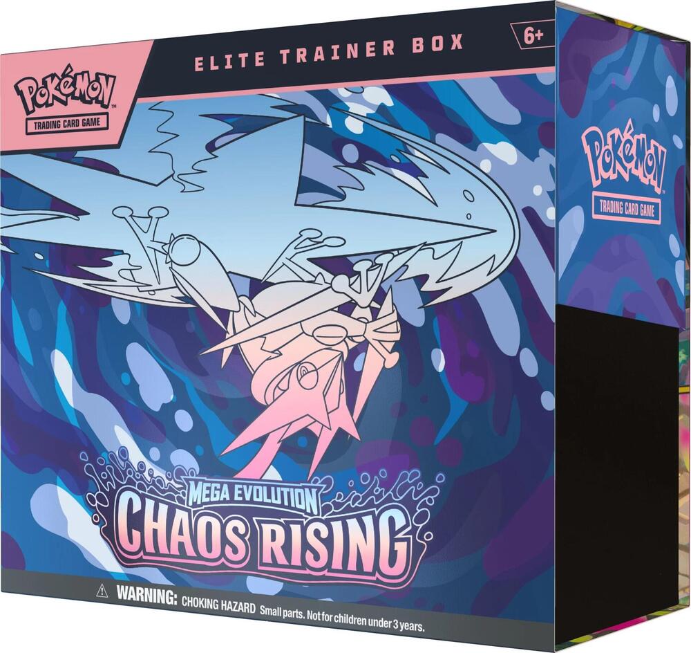 Pokémon trading card game Elite Trainer Box with Mega Evolution Chaos Rising design on a blue and pink background.