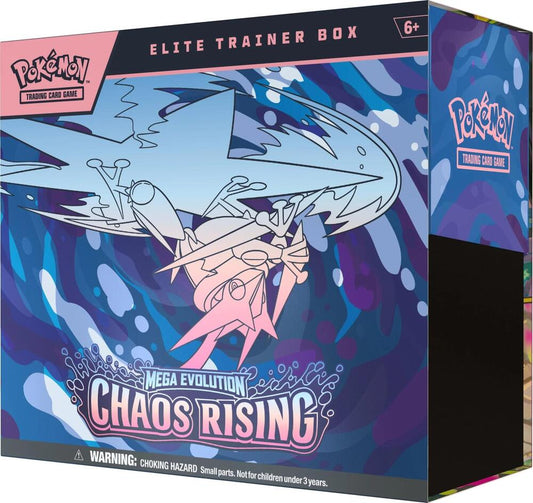 Pokémon trading card game Elite Trainer Box with Mega Evolution Chaos Rising design on a blue and pink background.