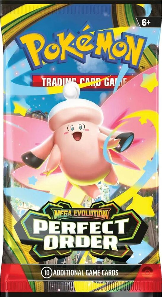 Pokémon trading card game pack with a cartoon character of pink Mega clefable on a colorful background