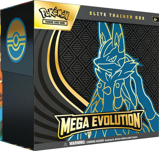 Shows a picture of a Mega Evolutions ETB featuring Lucario. Blue and Black. 