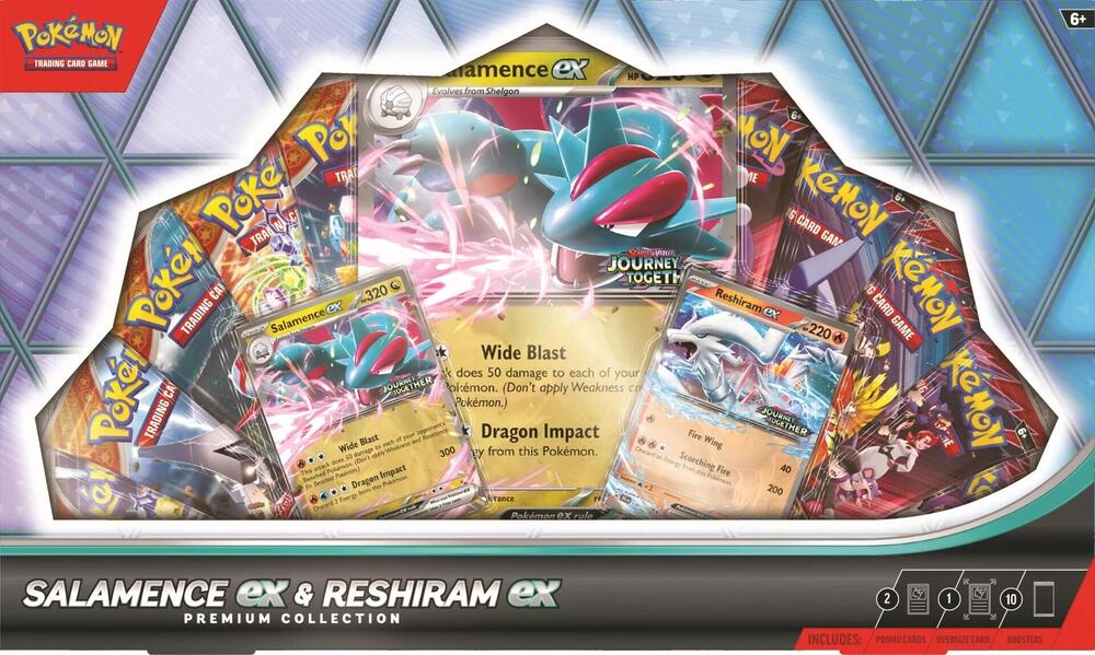 Pokémon trading card game packaging featuring Salamence ex and Reshiram ex cards. Contains 5 booster packs of surging sparks and 5 booster packs of destined rivals