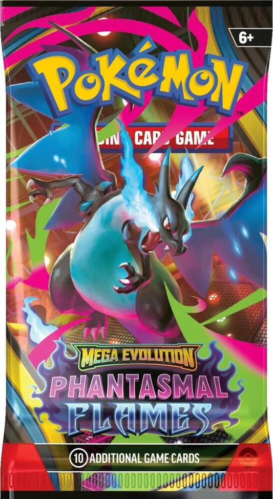 Pokémon card game pack featuring a mega evolution Phantasmal Flames Charizard dragon-like creature with colorful design.