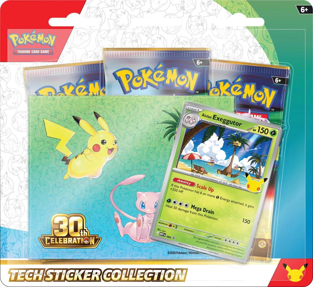 30th celebrations tech sticker collection featuring pokemon alolan exeggutor green and white packaging with pika, mew, and alolan exeggutor stickers.