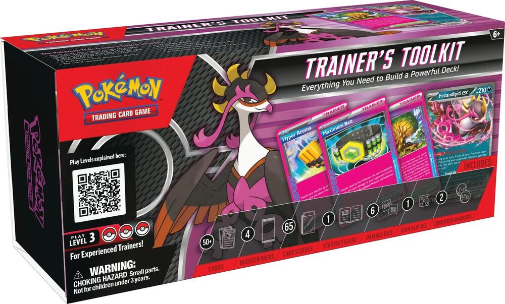 Pokémon Trainer's Toolkit packaging with fezendipiti character and cards on a black background
